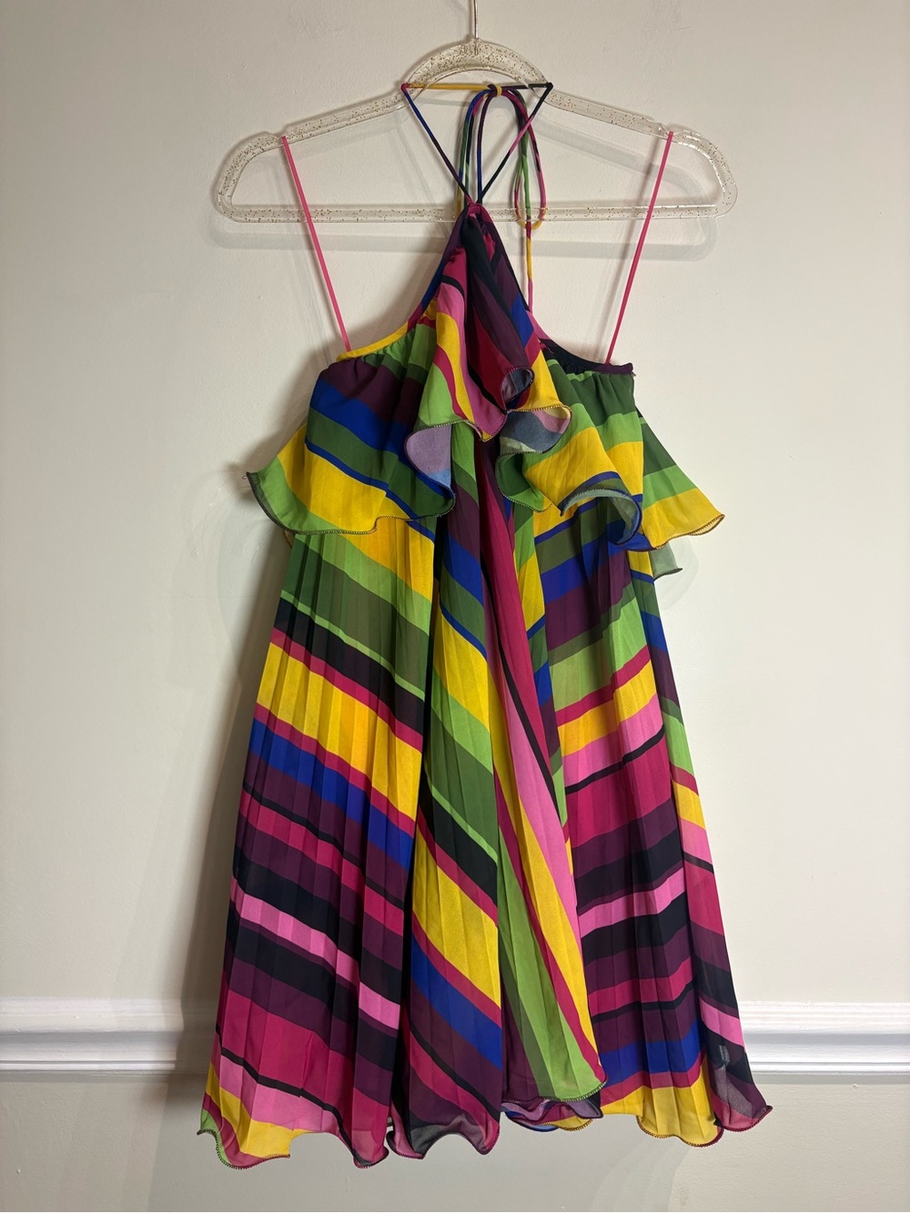 AMUR Sevyn Mini Halter Dress Vibrant Colorful Stripe Pleated Ruffle Size 4 - Picture 7 of 12